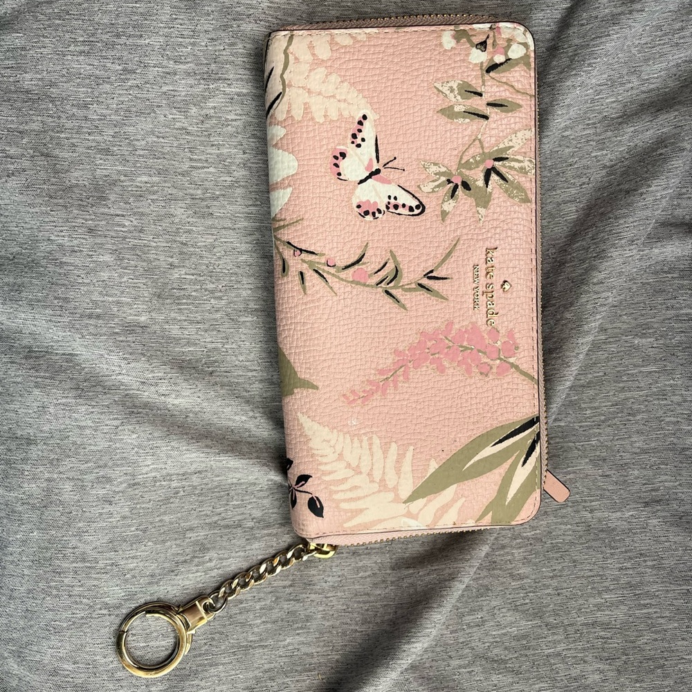 kate spade Pink Floral Butterfly Zip Wallet with Gold Chain